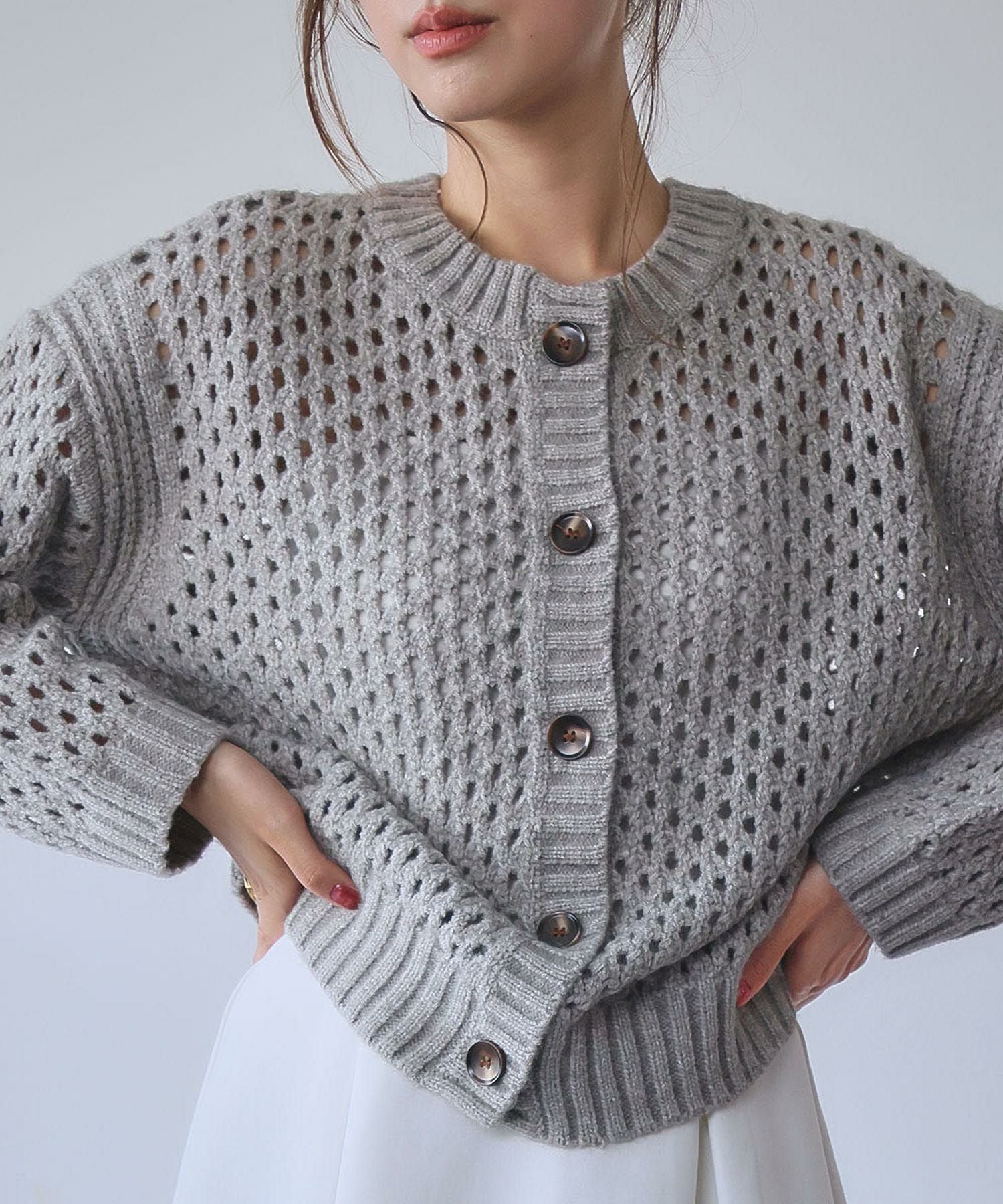 NKNIT フード付きメッシュカーディガン ジップ付きメッシュ編みニットカーディガン｜SOFFITTO（ソフィット