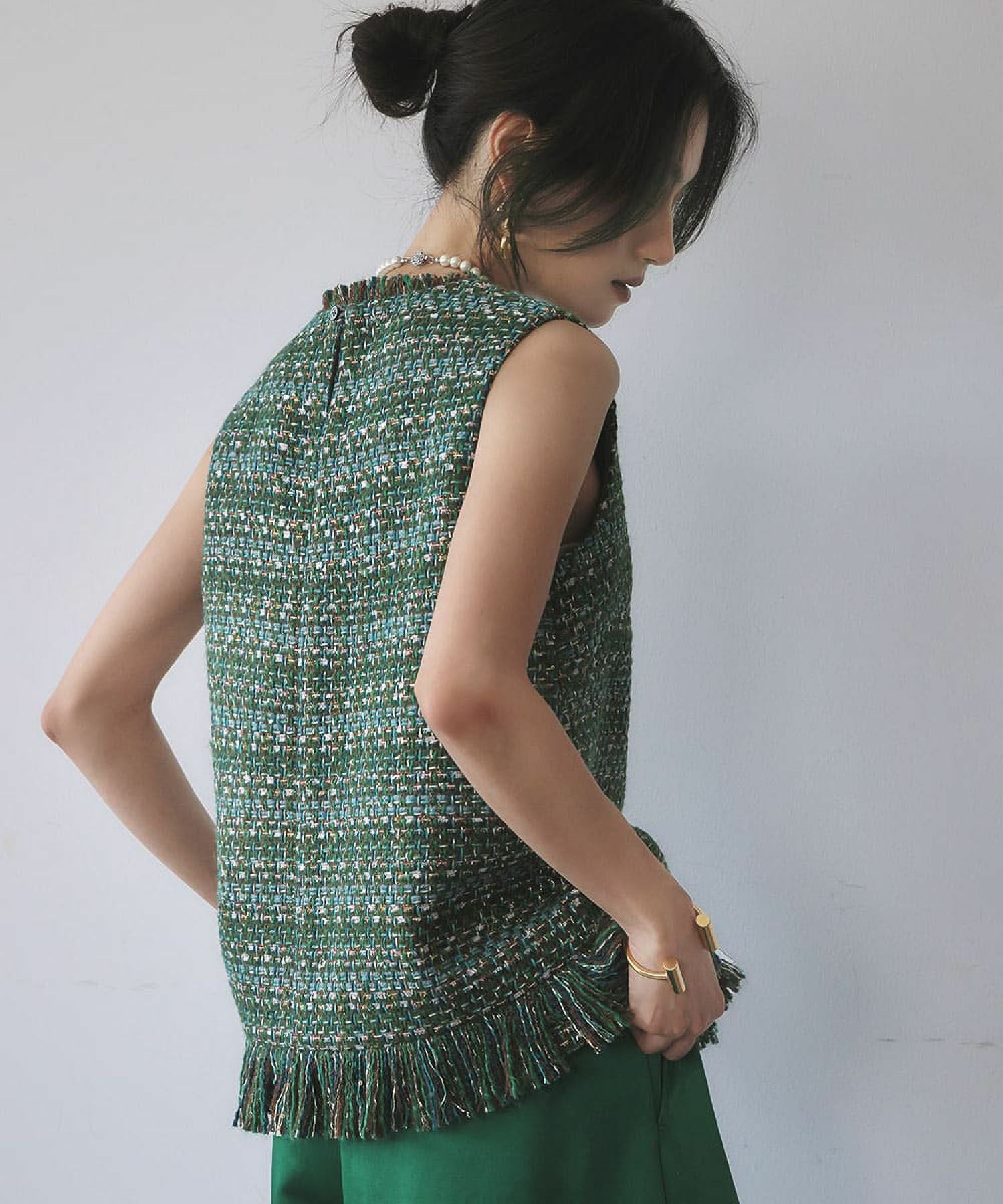 デイリー・カジュアル対応 | MIXツイード裾フリンジベスト