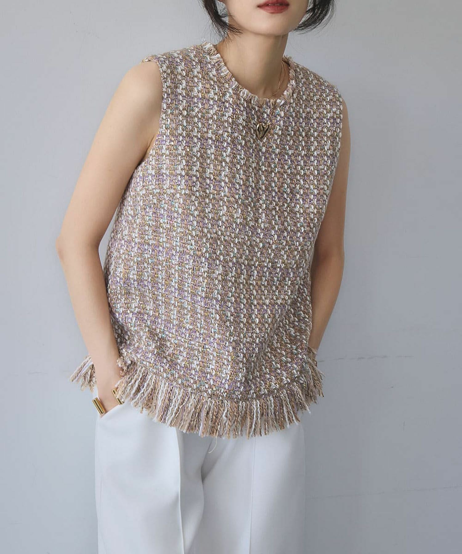 デイリー・カジュアル対応 | MIXツイード裾フリンジベスト
