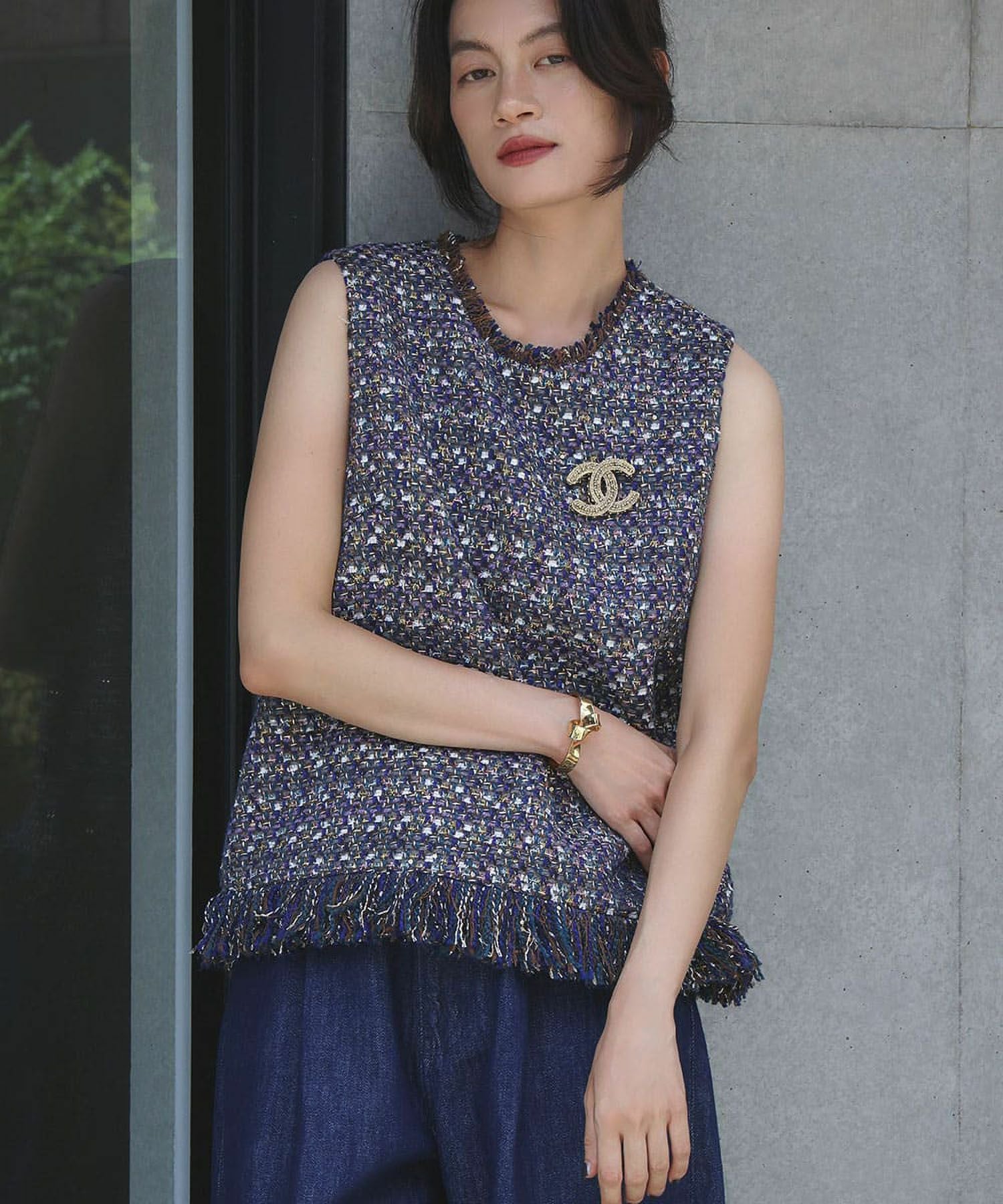 デイリー・カジュアル対応 | MIXツイード裾フリンジベスト