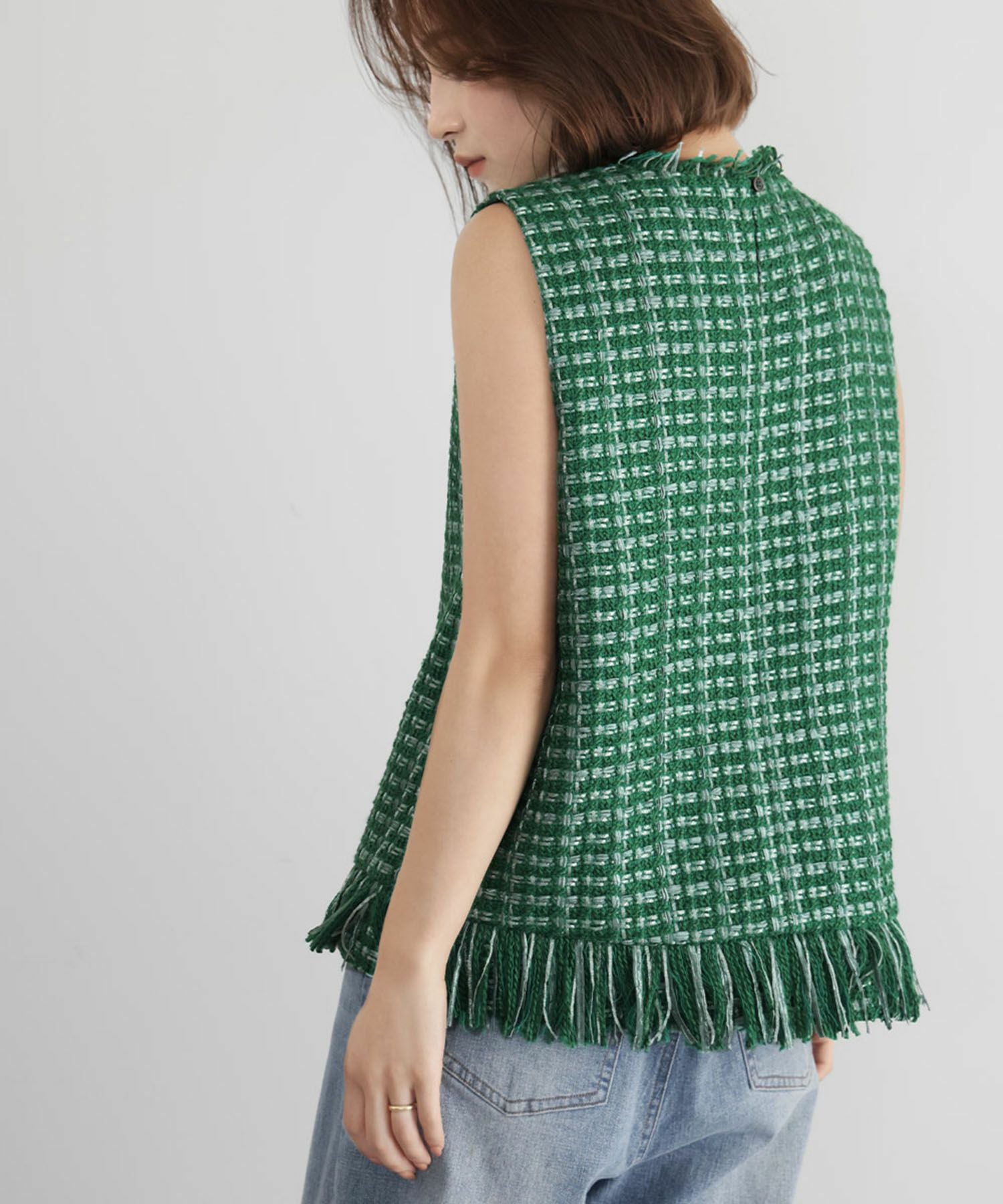 デイリー・カジュアル対応 | MIXツイード裾フリンジベスト