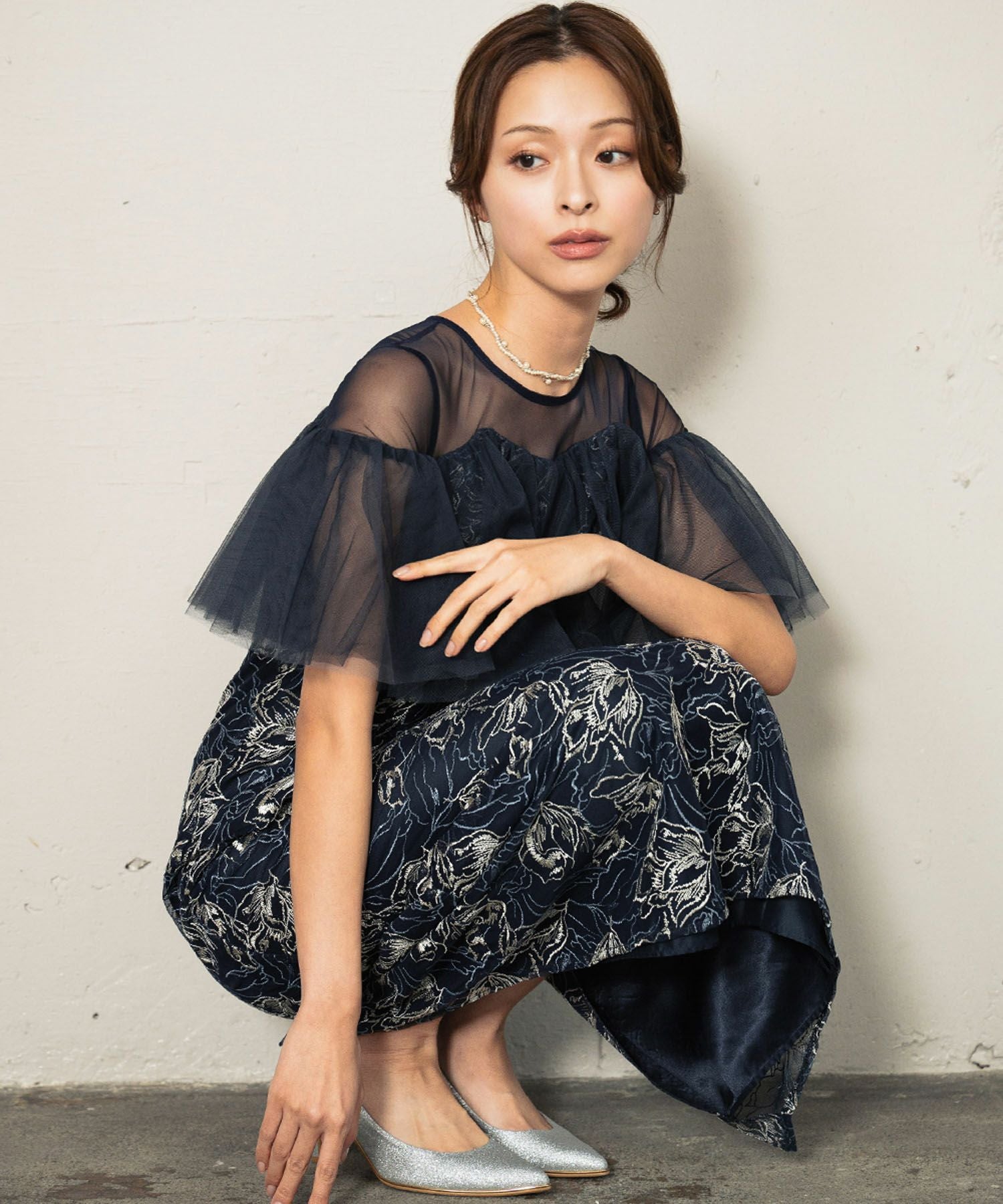 K ^_^ ネイビー M ドレス レースチュールワンピース 結婚式 総チュールレースロング 結婚式ワンピース パーティードレス