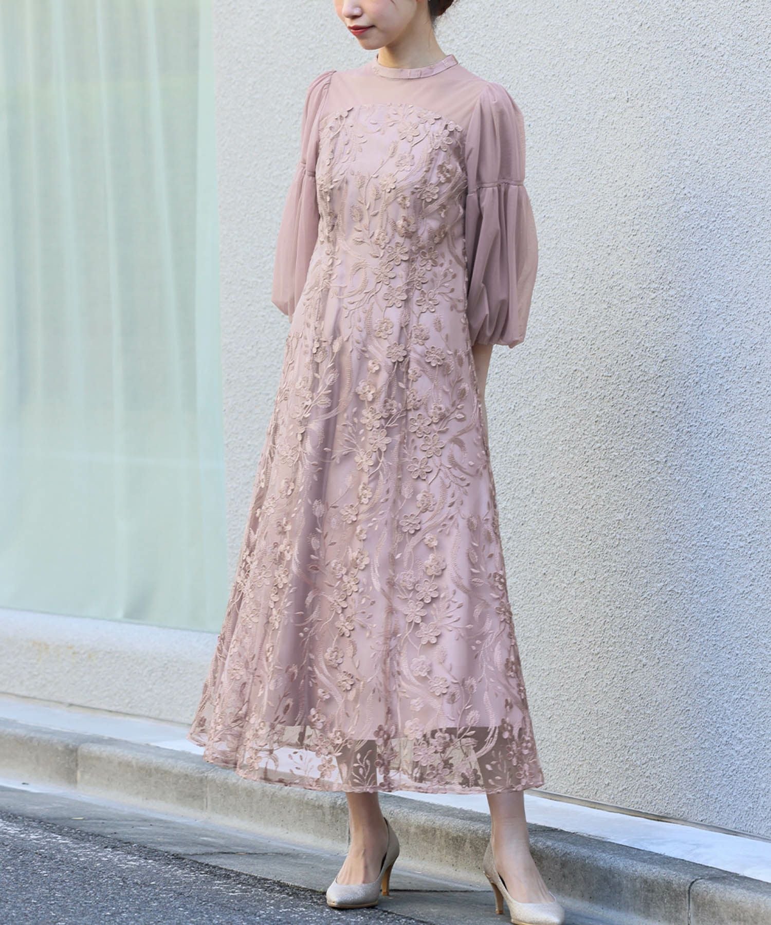結婚式・お呼ばれ対応 | バルーンスリーブ×花柄レースワンピース