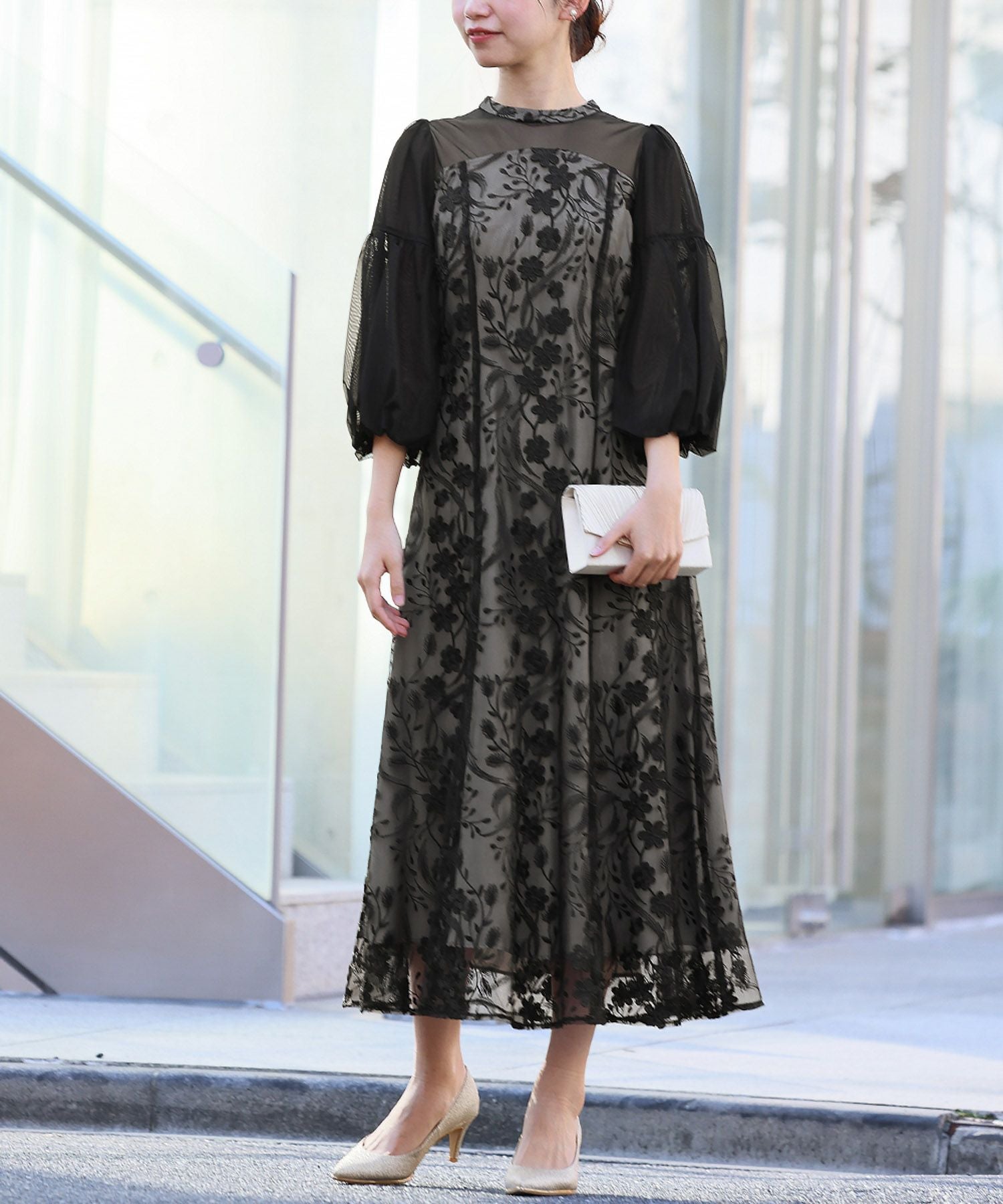 結婚式・お呼ばれ対応 | バルーンスリーブ×花柄レースワンピース