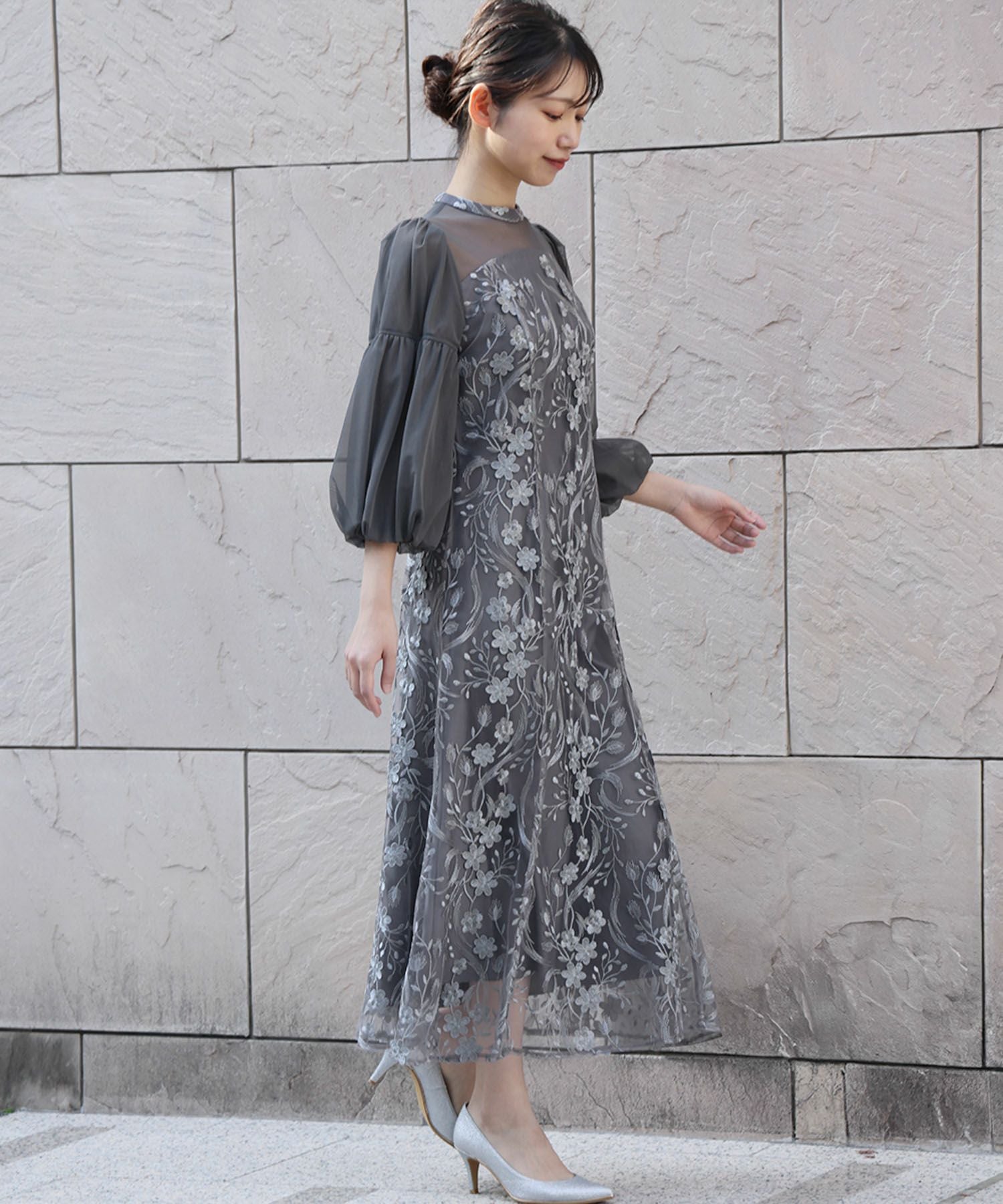 結婚式・お呼ばれ対応 | バルーンスリーブ×花柄レースワンピース