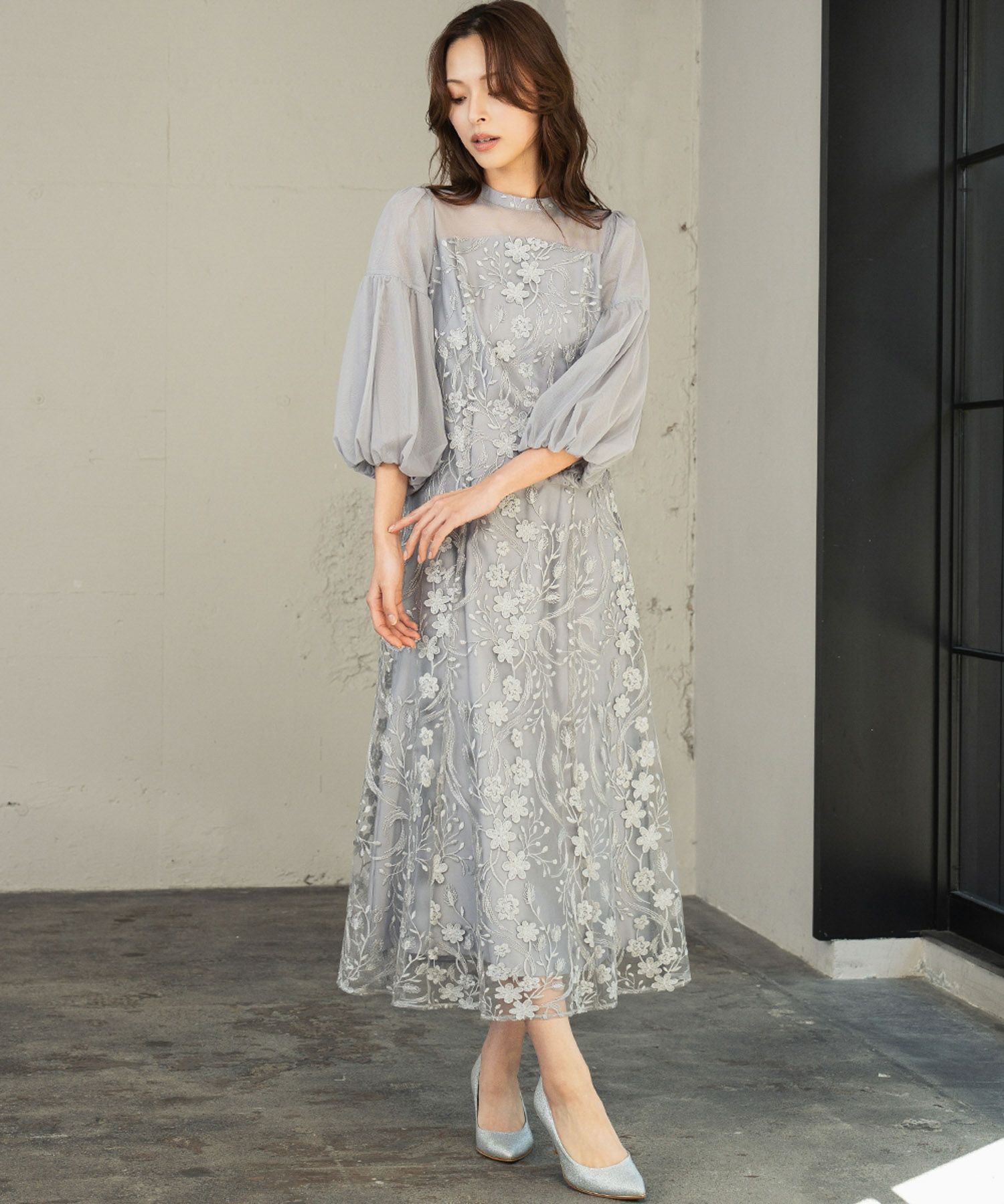 結婚式・お呼ばれ対応 | バルーンスリーブ×花柄レースワンピース