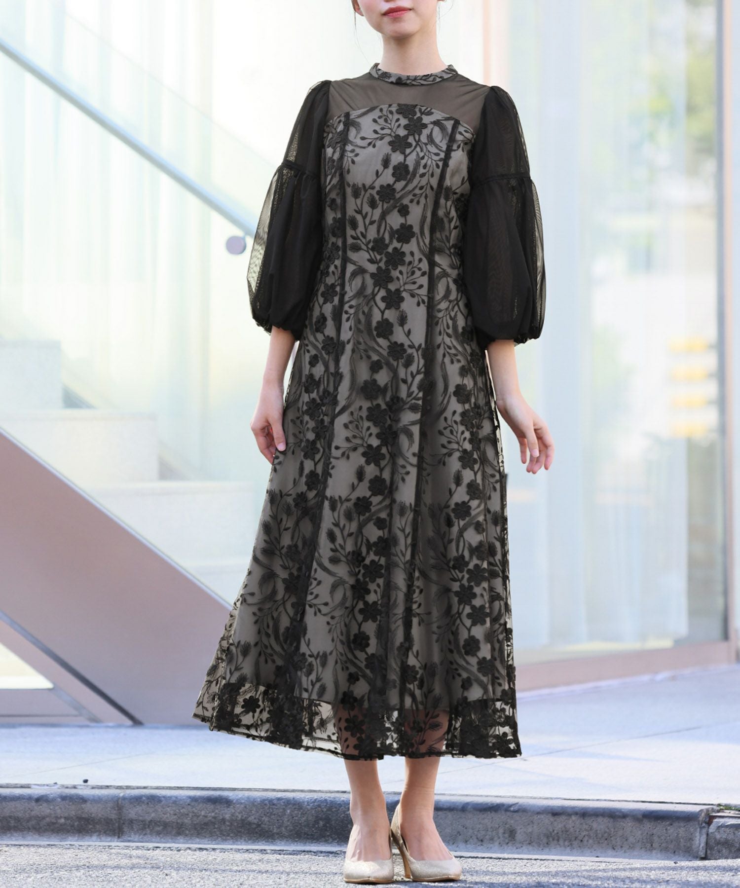 結婚式・お呼ばれ対応 | バルーンスリーブ×花柄レースワンピース