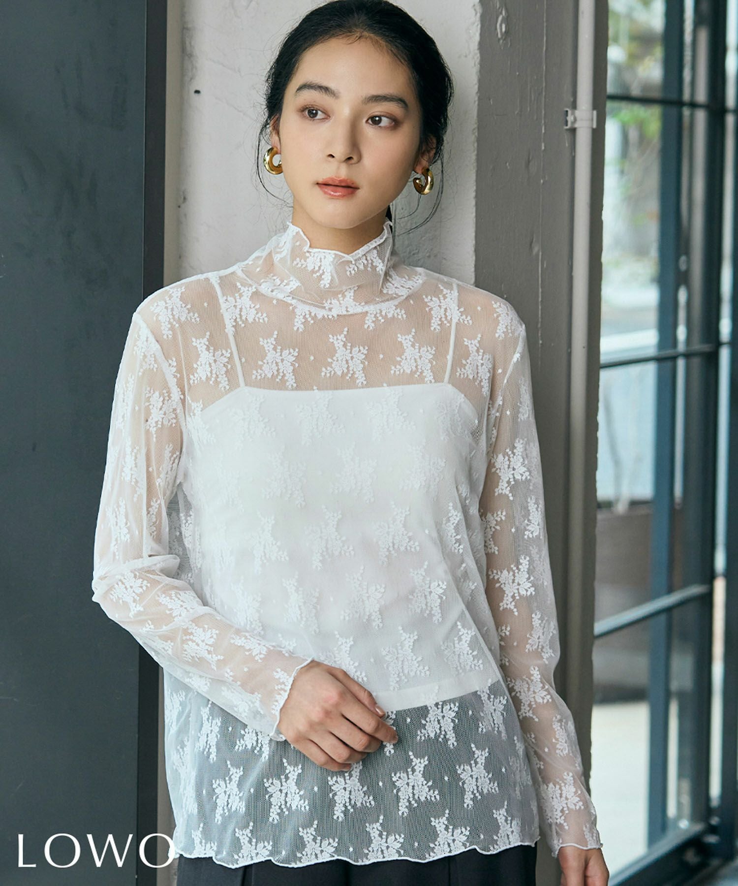 デイリー・カジュアル対応 | レース刺繍ハイネックシアーカットソー
