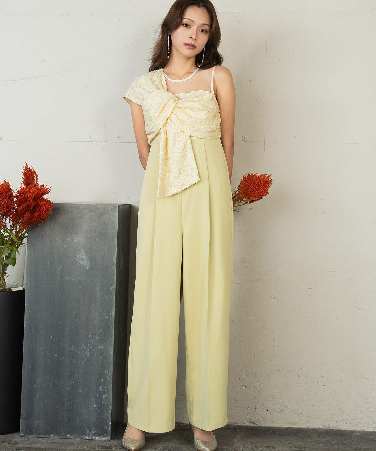 結婚式・お呼ばれ対応 | アシンメトリーリボンオールイワンドレス