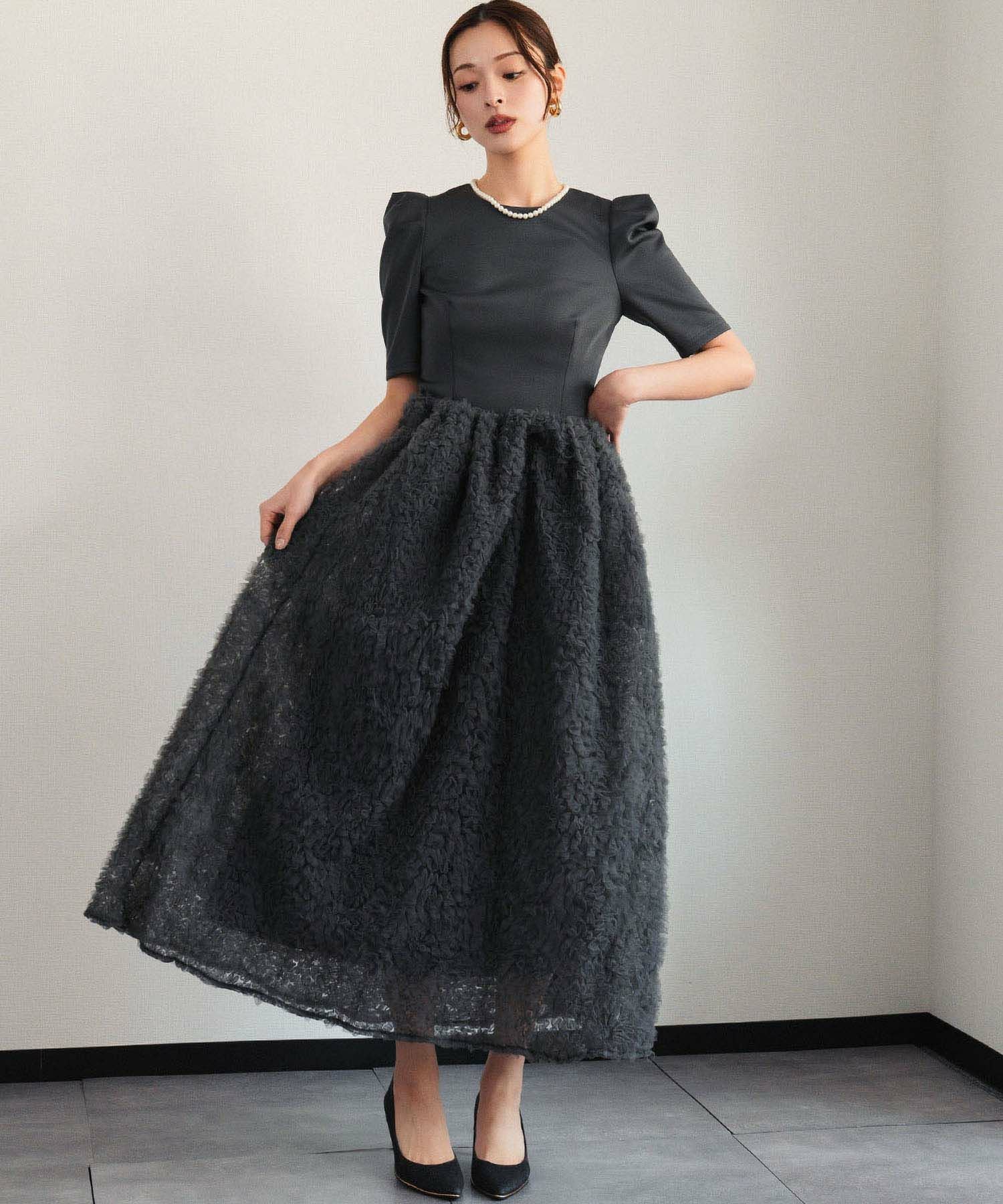 パフスリーブトップス＆ボリュームスカートセットアップパーティードレス 結婚式・お呼ばれ対応 | トップス＆スカート2点セットドレス