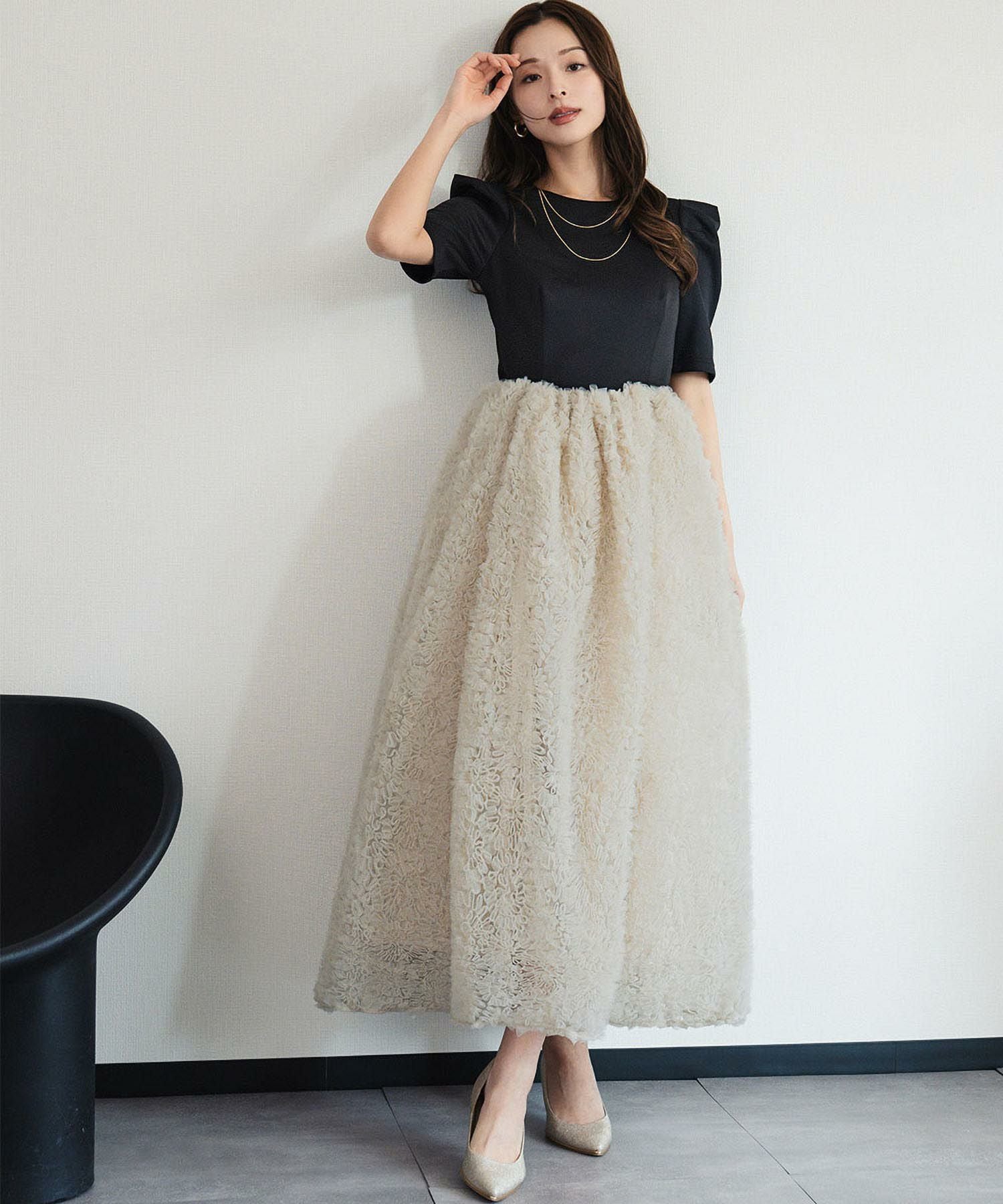 パフスリーブトップス＆ボリュームスカートセットアップパーティードレス 結婚式・お呼ばれ対応 | トップス＆スカート2点セットドレス