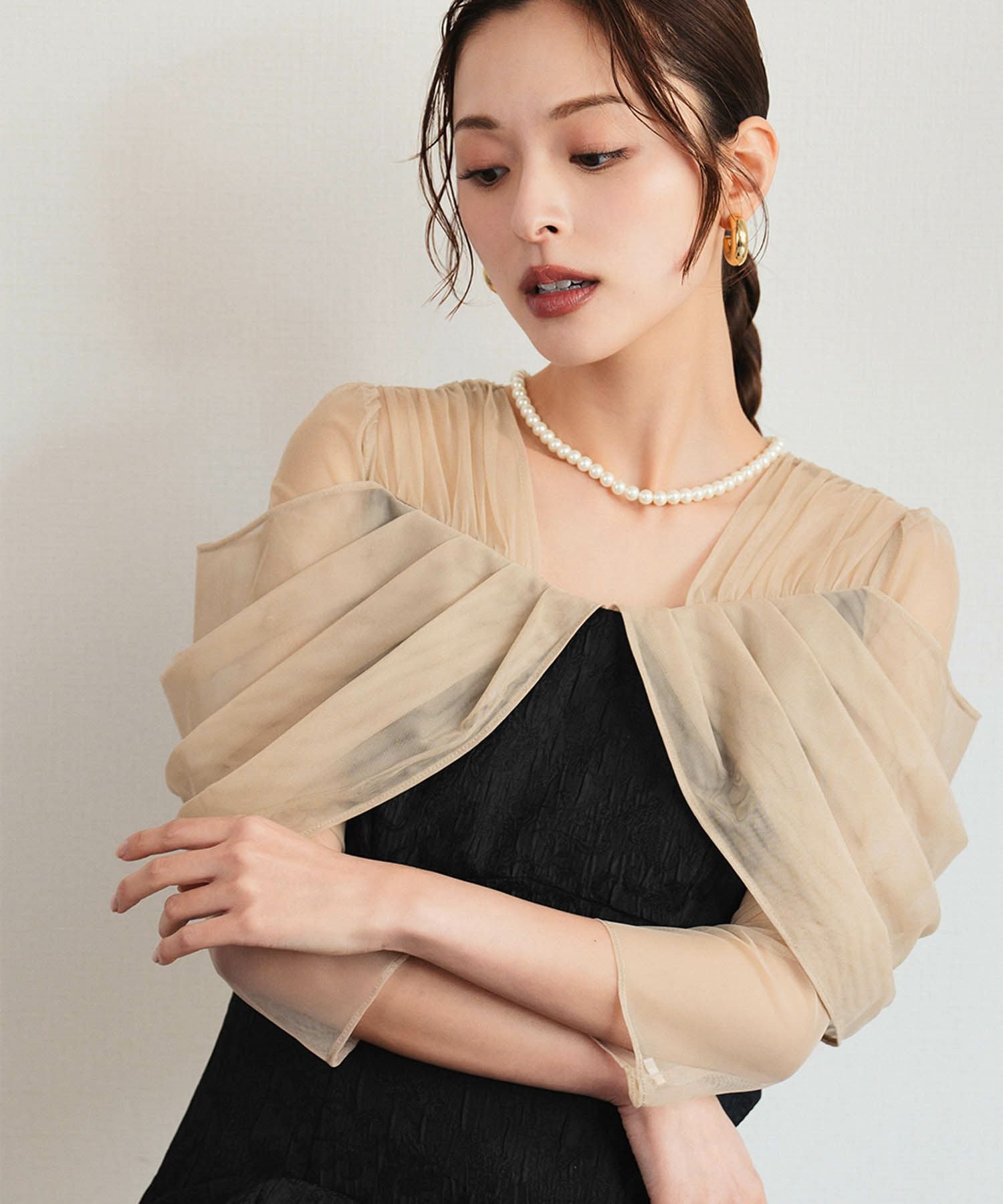 結婚式・お呼ばれ対応 | シアーオフショル風ロングワンピースドレス