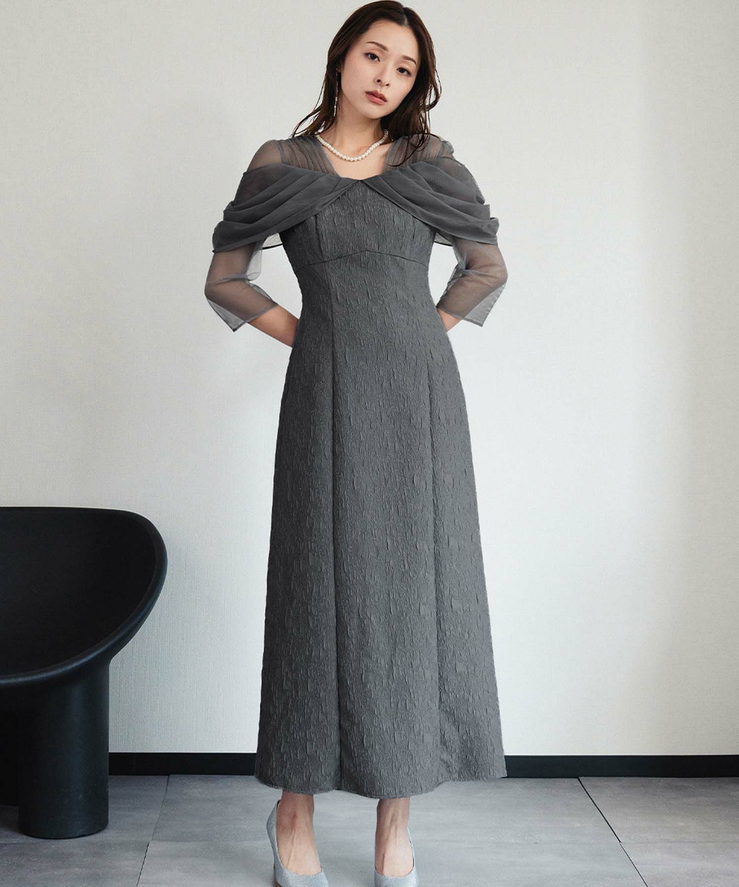 結婚式・お呼ばれ対応 | シアーオフショル風ロングワンピースドレス