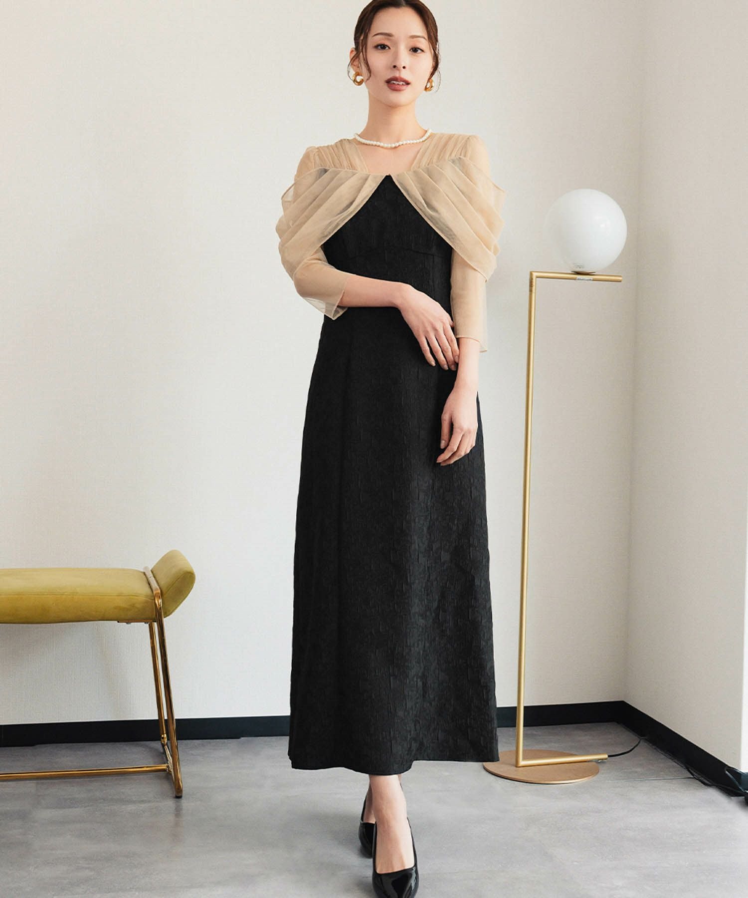 結婚式・お呼ばれ対応 | シアーオフショル風ロングワンピースドレス