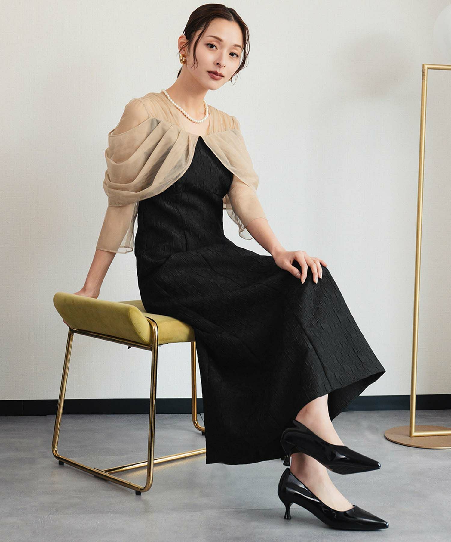 結婚式・お呼ばれ対応 | シアーオフショル風ロングワンピースドレス