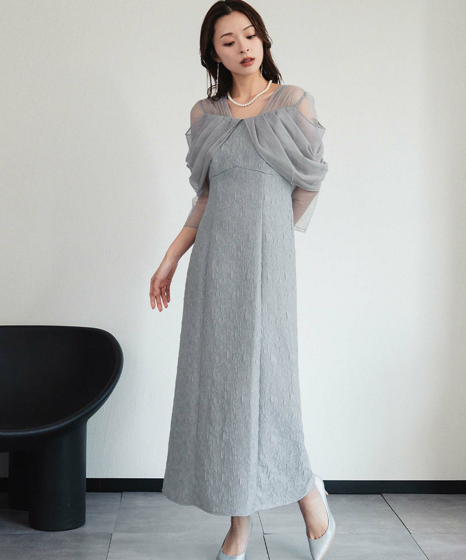 結婚式・お呼ばれ対応 | シアーオフショル風ロングワンピースドレス