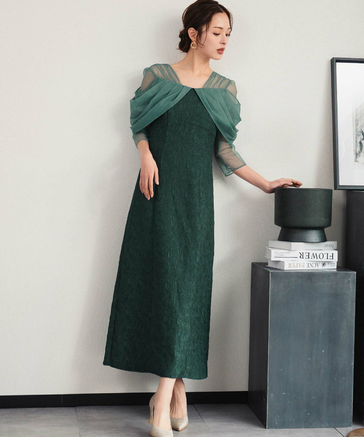 結婚式・お呼ばれ対応 | シアーオフショル風ロングワンピースドレス