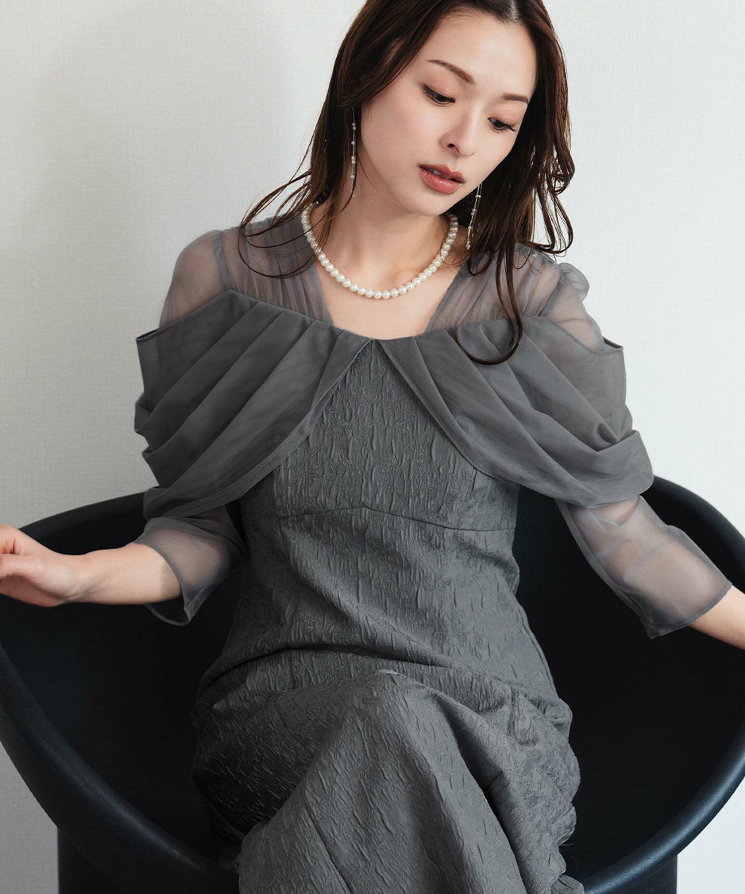 結婚式・お呼ばれ対応 | シアーオフショル風ロングワンピースドレス