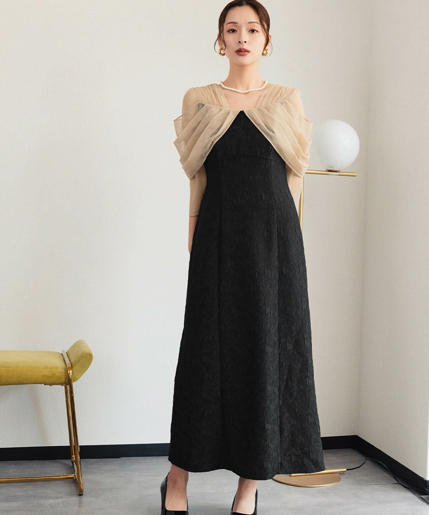 結婚式・お呼ばれ対応 | シアーオフショル風ロングワンピースドレス