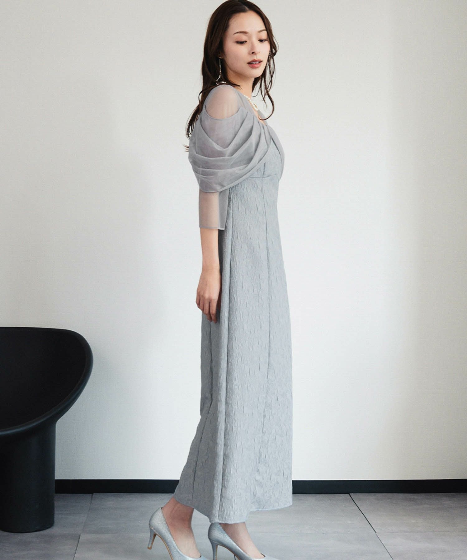 結婚式・お呼ばれ対応 | シアーオフショル風ロングワンピースドレス