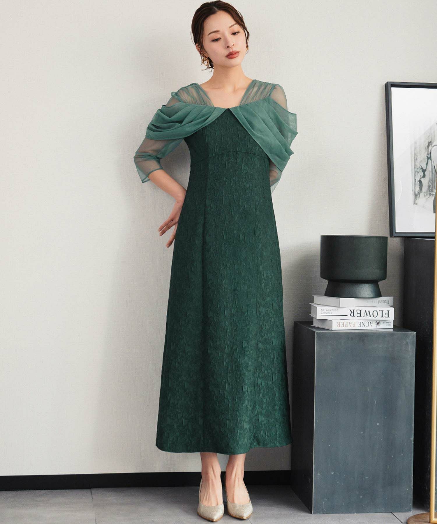 結婚式・お呼ばれ対応 | シアーオフショル風ロングワンピースドレス