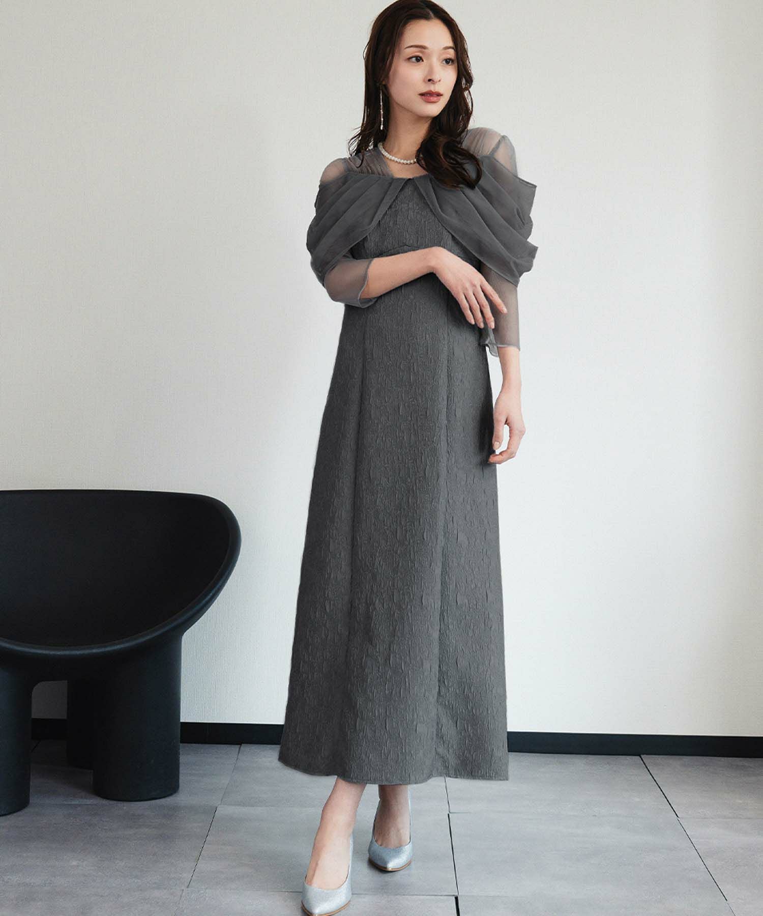 結婚式・お呼ばれ対応 | シアーオフショル風ロングワンピースドレス