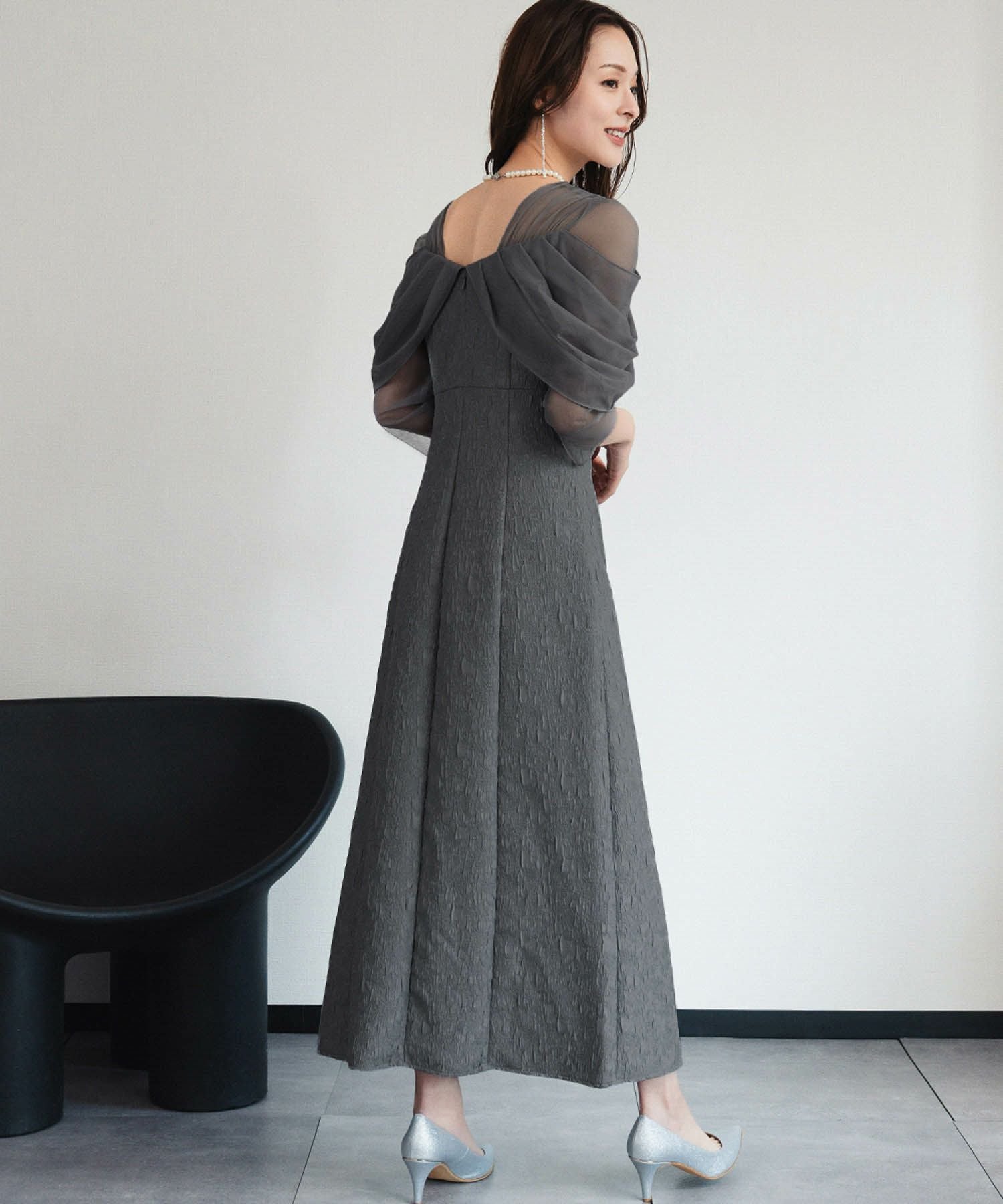 結婚式・お呼ばれ対応 | シアーオフショル風ロングワンピースドレス