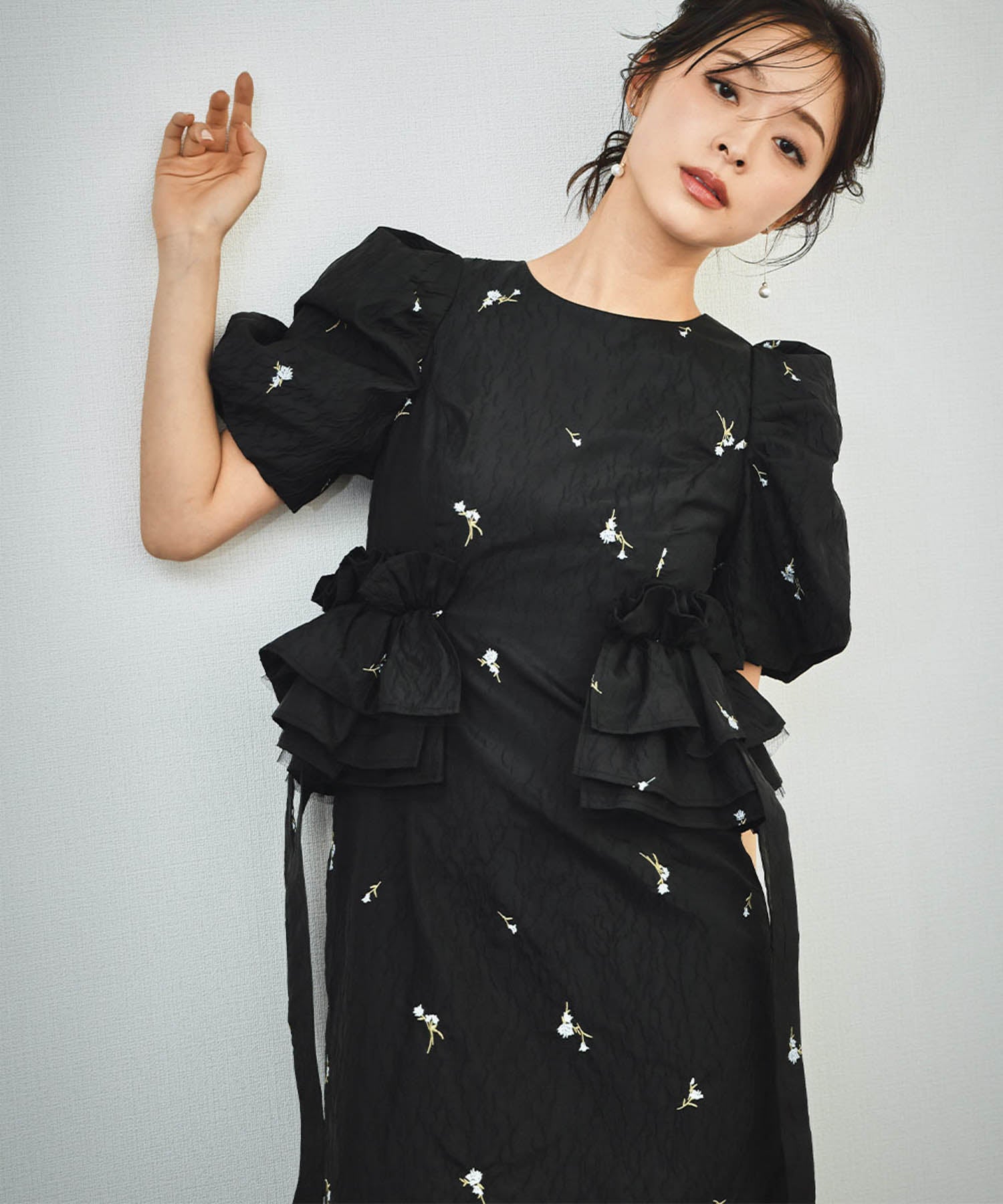 結婚式・お呼ばれ対応 | ジャガードパフスリーブワンピース