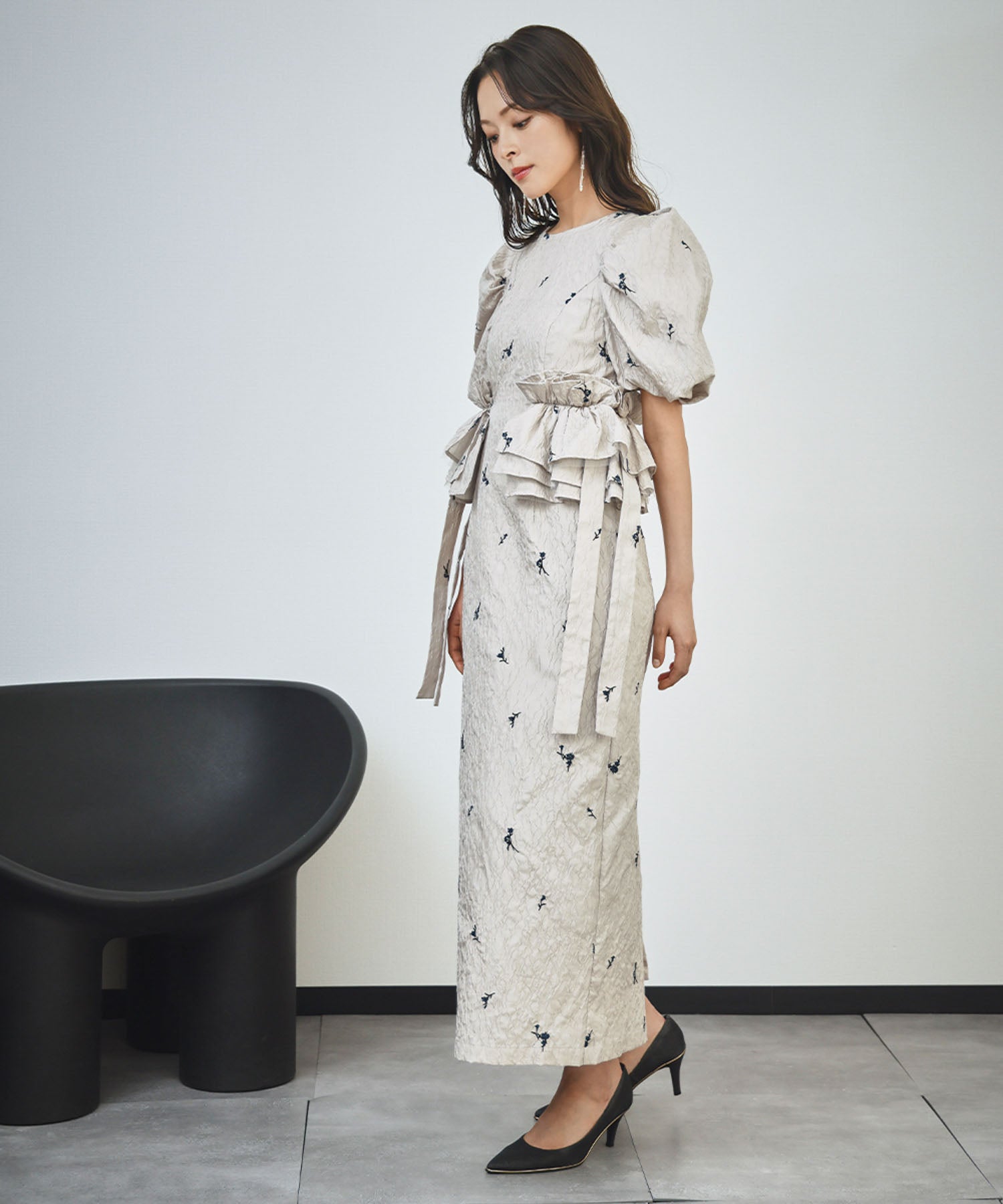 結婚式・お呼ばれ対応 | ジャガードパフスリーブワンピース
