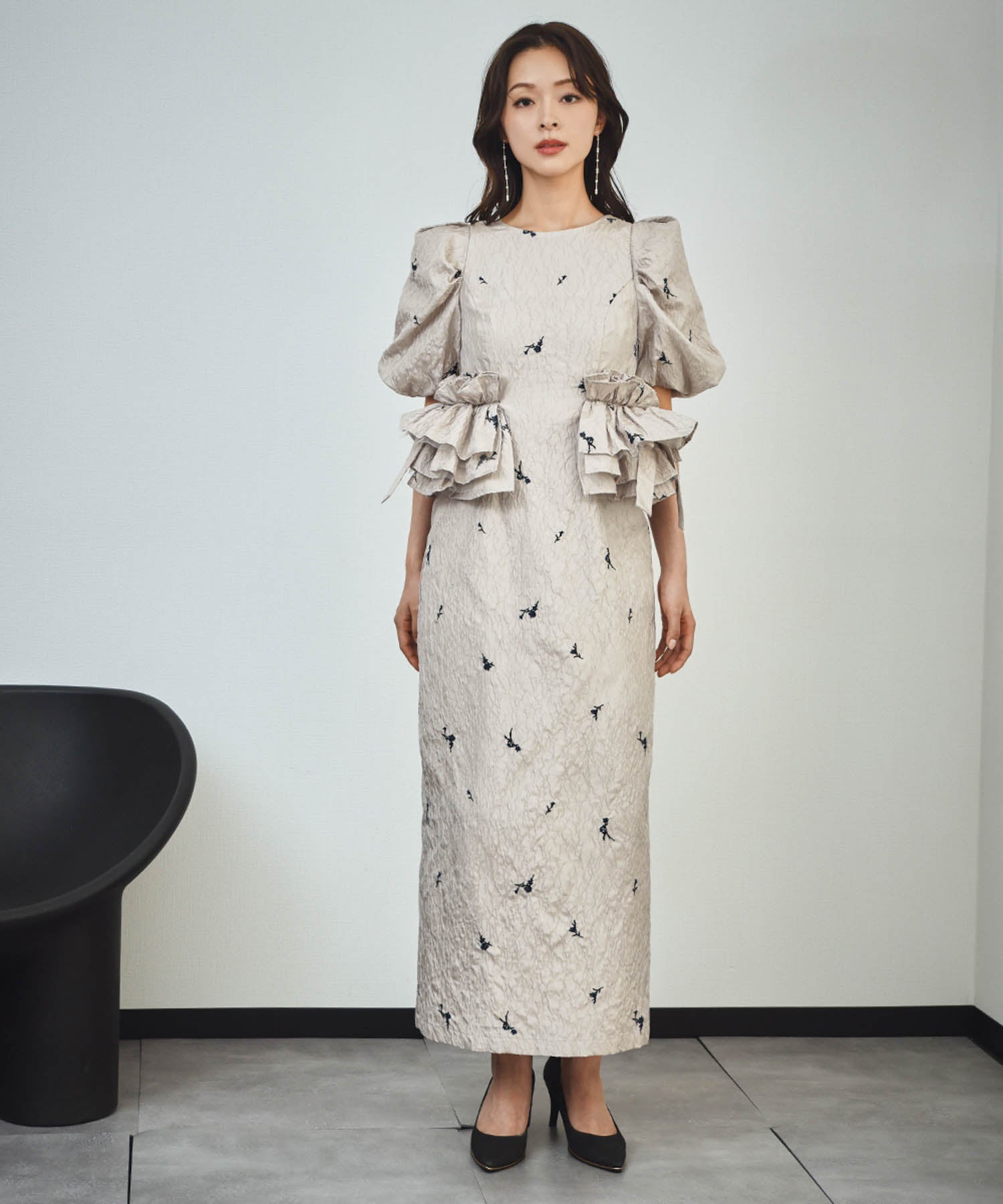結婚式・お呼ばれ対応 | ジャガードパフスリーブワンピース