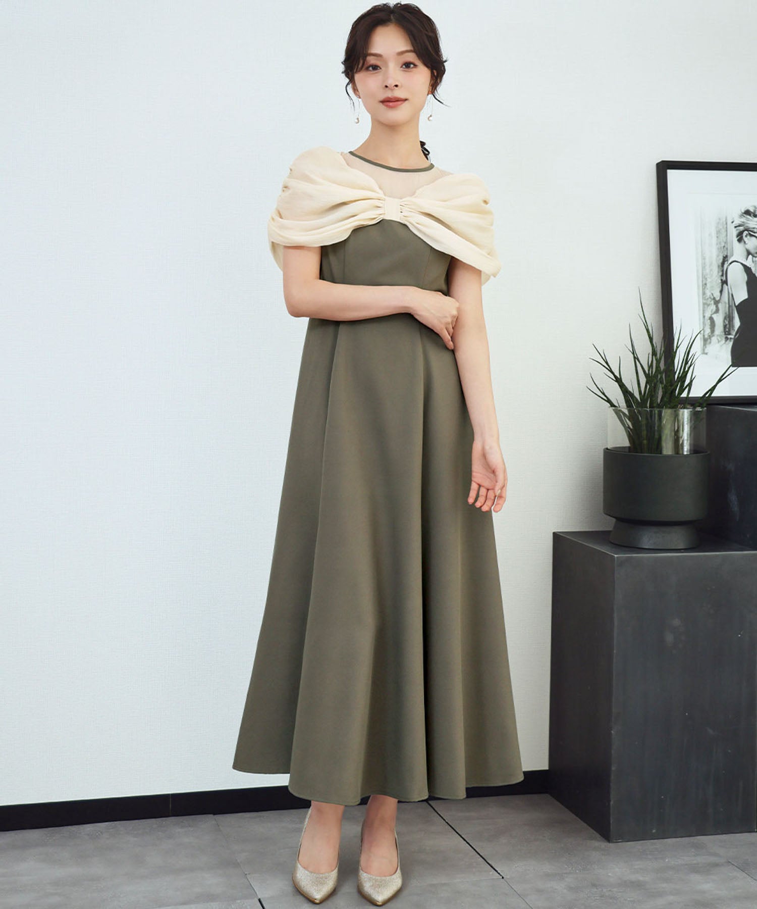 結婚式・お呼ばれ対応 | シアーギャザーフレアロングワンピース