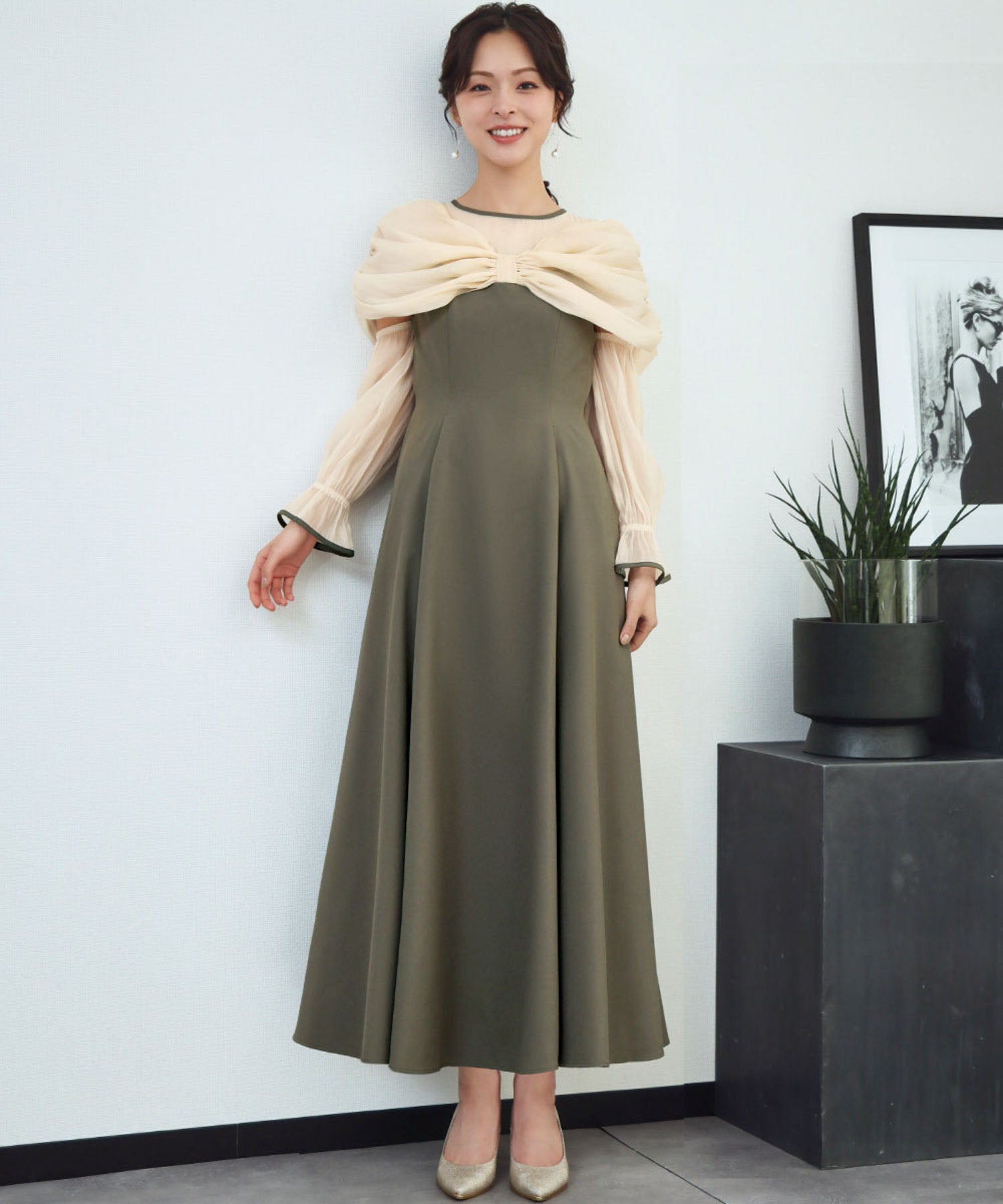 新品 ブラミンク ラメミックス ラップデザイン ギャザーロングワンピース ドレス 結婚式・お呼ばれ対応 | シアーギャザーフレアロングワンピース