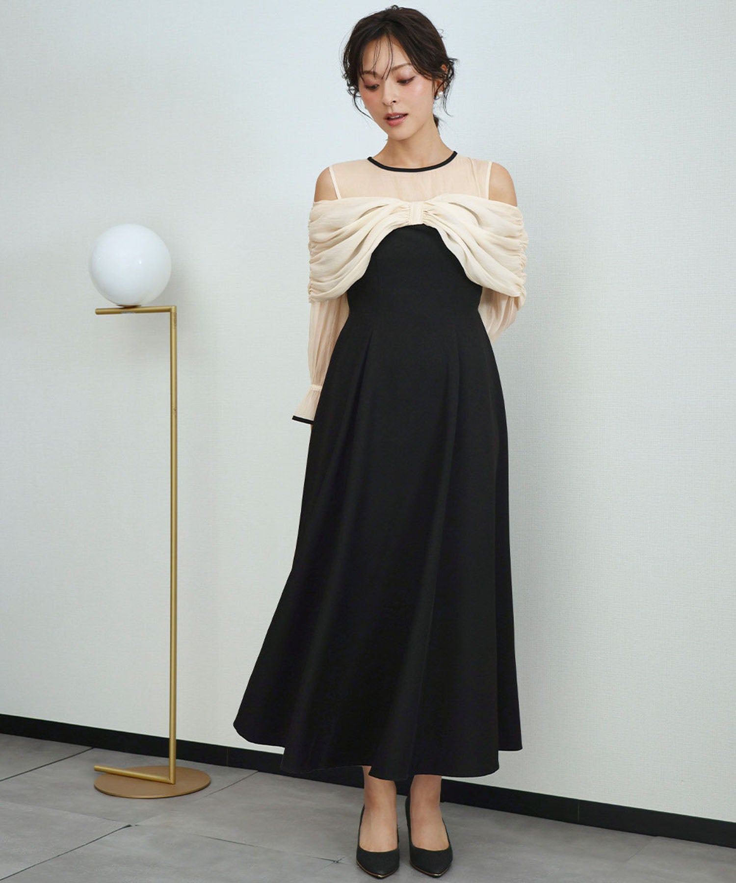 結婚式・お呼ばれ対応 | シアーギャザーフレアロングワンピース