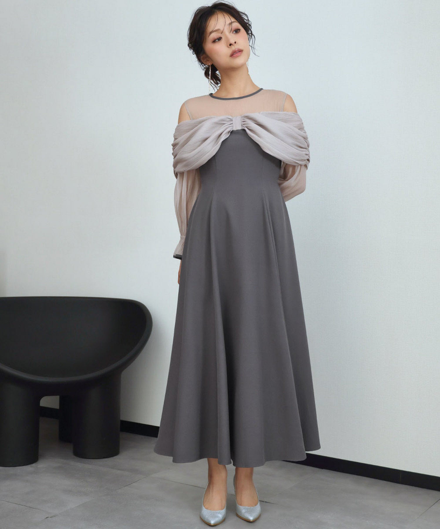 結婚式・お呼ばれ対応 | シアーギャザーフレアロングワンピース